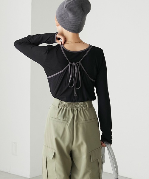 forksy.（フォルクシー）の「【forksy.】リブバイカラーデザインホルターネックキャミセットプルオーバー（Tシャツ/カットソー・レディース・グレー/アイボリー/ブラック・FREE）」の16枚目の写真