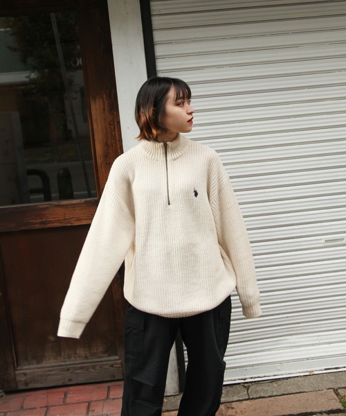 U.S. POLO ASSN.(ユーエスポロアッスン)の「【U.S.POLOASSN.】 7G あぜ編みハーフジップニット(ニット/セーター・レディース・ベージュ/ネイビー/アイボリー/イエロー/グリーン・MEDIUM/LARGE/X-LARGE)」の9枚目の写真