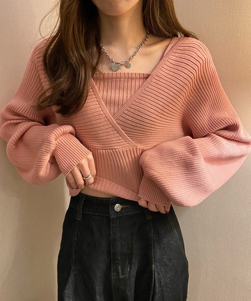 DiamondHearts(ダイヤモンドハーツ)の「レイヤード風ショート丈長袖ニット(ニット/セーター・レディース・ピンク/ブラック/ブラウン/レッド・FREE/MEDIUM)」の3枚目の写真