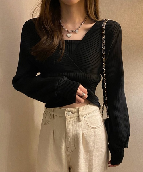 DiamondHearts(ダイヤモンドハーツ)の「レイヤード風ショート丈長袖ニット(ニット/セーター・レディース・ピンク/ブラック/ブラウン/レッド・FREE/MEDIUM)」の6枚目の写真