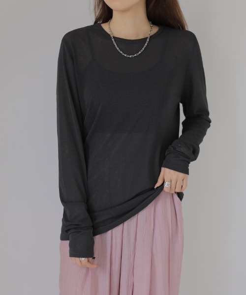 COCOMOMO(ココモモ)の「ロングシーズン使える スラブシアートップス カットソー 長袖 シアートップス シアーロンT レイヤードトップス シアーインナー スラブ シアー トップス UV対策 春服 夏服 秋服(Tシャツ/カットソー・レディース・ホワイト/ピンク/ライトグレー/ホワイト系その他/ミント/ブルー系その他/スカイブルー/オリーブ/ブラック/ピンク系その他/グレー系その他/ブラック系その他/ダークグレー/オレンジ系その他/チェリーピンク/ブラウン系その他/ブラウン系/ライトブルー/ベージュ系その他/ライトグレー系/ピンク系/パープル系その他/シルバーグレー/ブラウン/ブルー系/ベージュ/パープル/モカ/オレンジ・L/M/S)」の7枚目の写真