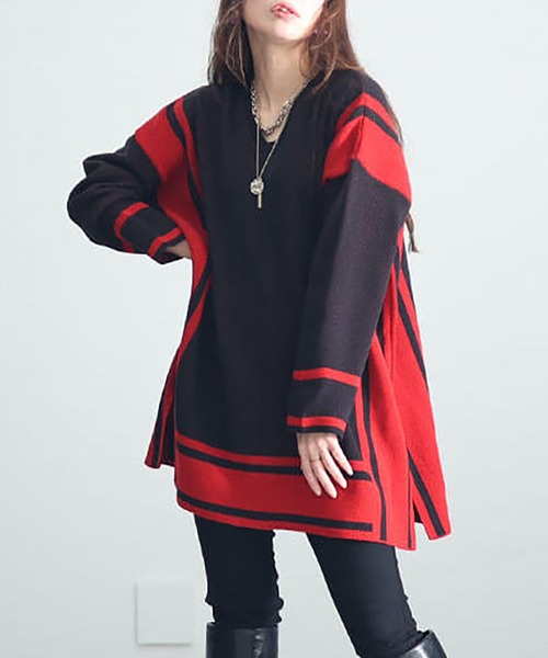 GOLDJAPAN(ゴールドジャパン)の「日本製バイカラーニット【大きいサイズ対応】(ニット/セーター・レディース・ネイビー/ブラック・LL~3L)」の2枚目の写真