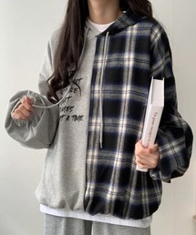 galliano グレー チェック柄 パーカー パーカー 【XS】 グレー チェック 異素材 ボタンアップ 裏起毛