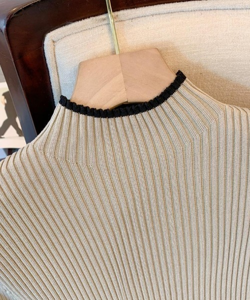 SEU(エスイーユー)の「バイカラーパイピングラップニットワンピース 細身 きれいめカジュアル オフィスカジュアル レディース韓国(ワンピース・レディース・ブラック/ベージュ・フリー)」の20枚目の写真