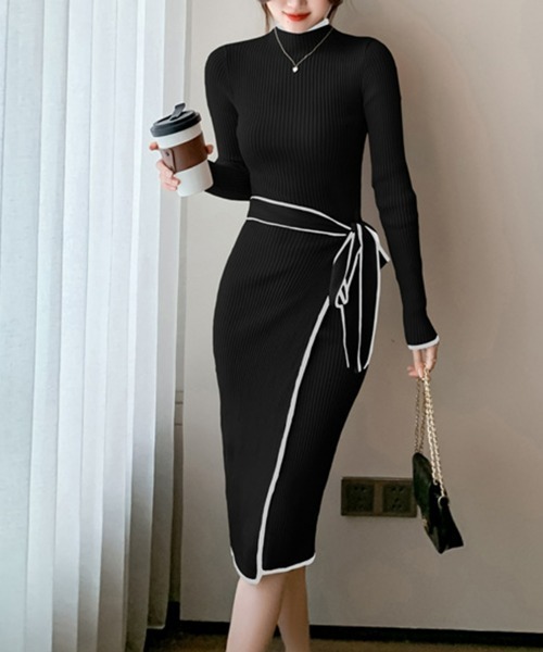 バイカラーパイピングラップニットワンピース 細身 きれいめカジュアル