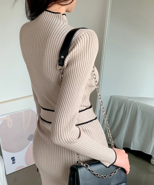 SEU(エスイーユー)の「バイカラーパイピングラップニットワンピース 細身 きれいめカジュアル オフィスカジュアル レディース韓国(ワンピース・レディース・ブラック/ベージュ・フリー)」の15枚目の写真