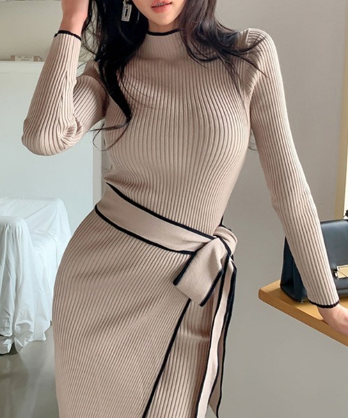 SEU(エスイーユー)の「バイカラーパイピングラップニットワンピース 細身 きれいめカジュアル オフィスカジュアル レディース韓国(ワンピース・レディース・ブラック/ベージュ・フリー)」の13枚目の写真