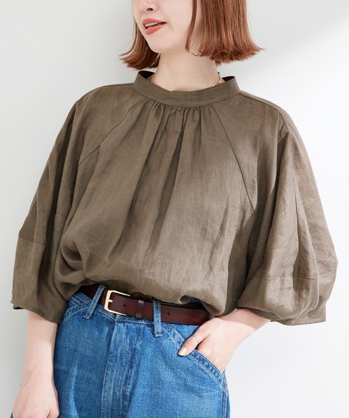 B.C STOCK(ベーセーストック)の「フレンチリネン2wayブラウス(シャツ/ブラウス・レディース・ブラック/カーキ/イエロー系その他/ブルー/ブラックミックス/ホワイト・FREE)」の5枚目の写真