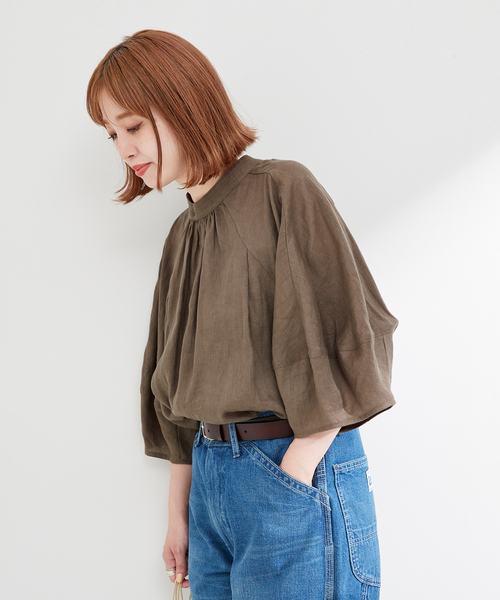 B.C STOCK(ベーセーストック)の「フレンチリネン2wayブラウス(シャツ/ブラウス・レディース・ブラック/カーキ/イエロー系その他/ブルー/ブラックミックス/ホワイト・FREE)」の7枚目の写真