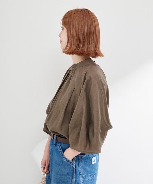 B.C STOCK(ベーセーストック)の「フレンチリネン2wayブラウス(シャツ/ブラウス・レディース・ブラック/カーキ/イエロー系その他/ブルー/ブラックミックス/ホワイト・FREE)」の8枚目の写真