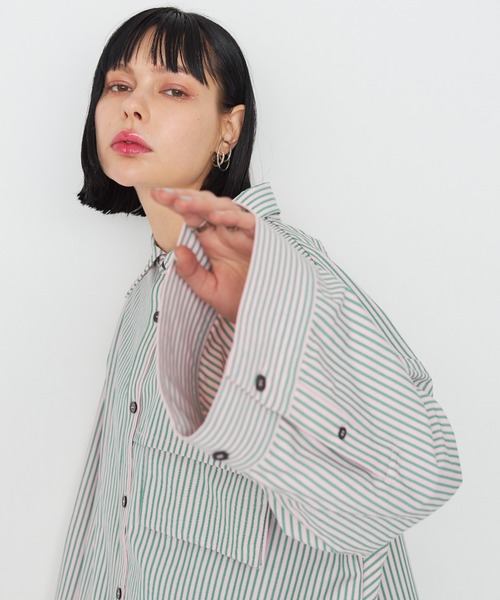 casane（カサネ）の「ドビーストライプワイドカフスシャツ（シャツ/ブラウス・レディース・グリーン/ピンク/ホワイト・FREE）」の20枚目の写真