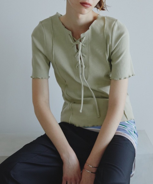 Aunt Marie's(アントマリーズ)の「2WAYレースアップハーフスリーブトップス(Tシャツ/カットソー・レディース・ブラック/ホワイト/ネイビー/ライトグリーン/ピンク・FREE)」の6枚目の写真