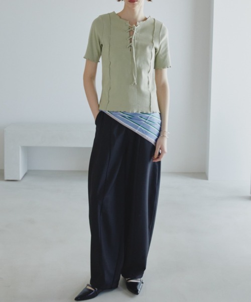 Aunt Marie's(アントマリーズ)の「2WAYレースアップハーフスリーブトップス(Tシャツ/カットソー・レディース・ブラック/ホワイト/ネイビー/ライトグリーン/ピンク・FREE)」の12枚目の写真