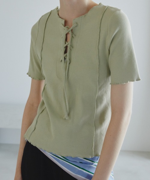 Aunt Marie's(アントマリーズ)の「2WAYレースアップハーフスリーブトップス(Tシャツ/カットソー・レディース・ブラック/ホワイト/ネイビー/ライトグリーン/ピンク・FREE)」の18枚目の写真