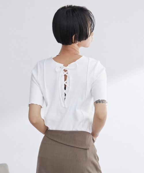 Aunt Marie's(アントマリーズ)の「2WAYレースアップハーフスリーブトップス(Tシャツ/カットソー・レディース・ブラック/ホワイト/ネイビー/ライトグリーン/ピンク・FREE)」の16枚目の写真