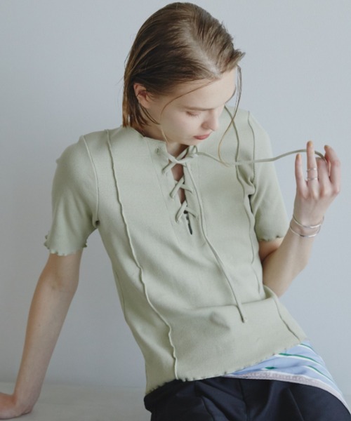 Aunt Marie's(アントマリーズ)の「2WAYレースアップハーフスリーブトップス(Tシャツ/カットソー・レディース・ブラック/ホワイト/ネイビー/ライトグリーン/ピンク・FREE)」の20枚目の写真