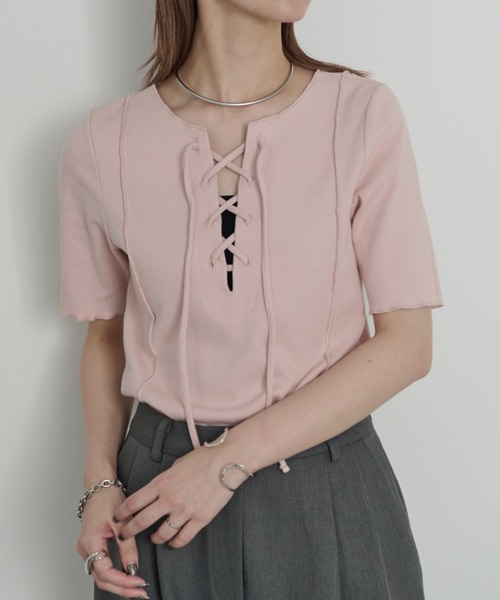 Aunt Marie's（アントマリーズ）の「2WAYレースアップハーフスリーブトップス（Tシャツ/カットソー・レディース・ブラック/ホワイト/ネイビー/ライトグリーン/ピンク・FREE）」の22枚目の写真