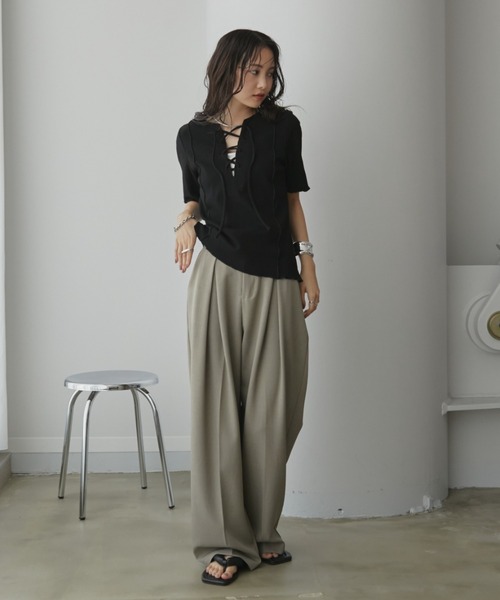 Aunt Marie's（アントマリーズ）の「2WAYレースアップハーフスリーブトップス（Tシャツ/カットソー・レディース・ブラック/ホワイト/ネイビー/ライトグリーン/ピンク・FREE）」の19枚目の写真