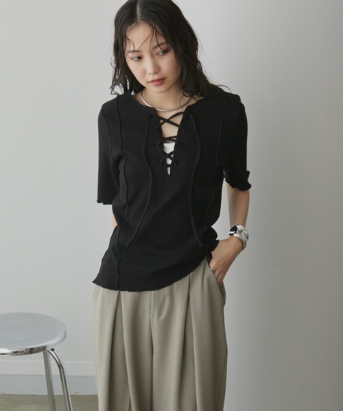 Aunt Marie's(アントマリーズ)の「2WAYレースアップハーフスリーブトップス(Tシャツ/カットソー・レディース・ブラック/ホワイト/ネイビー/ライトグリーン/ピンク・FREE)」の22枚目の写真