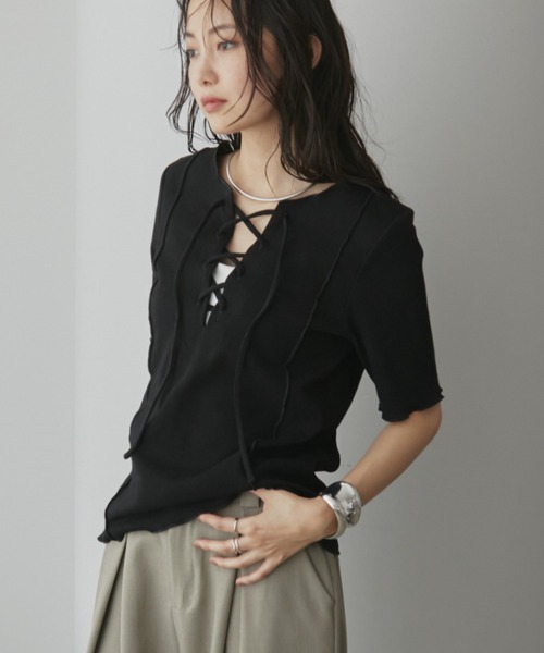 Aunt Marie's（アントマリーズ）の「2WAYレースアップハーフスリーブトップス（Tシャツ/カットソー・レディース・ブラック/ホワイト/ネイビー/ライトグリーン/ピンク・FREE）」の12枚目の写真