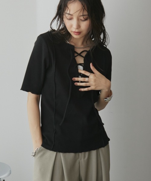 Aunt Marie's(アントマリーズ)の「2WAYレースアップハーフスリーブトップス(Tシャツ/カットソー・レディース・ブラック/ホワイト/ネイビー/ライトグリーン/ピンク・FREE)」の21枚目の写真