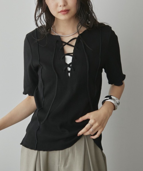 Aunt Marie's（アントマリーズ）の「2WAYレースアップハーフスリーブトップス（Tシャツ/カットソー・レディース・ブラック/ホワイト/ネイビー/ライトグリーン/ピンク・FREE）」の14枚目の写真