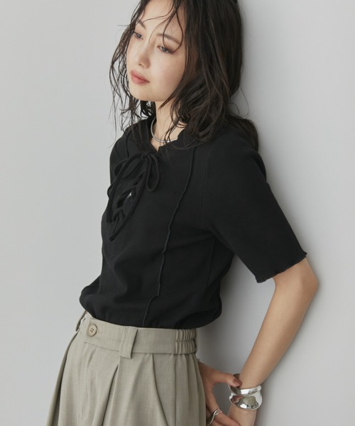 Aunt Marie's（アントマリーズ）の「2WAYレースアップハーフスリーブトップス（Tシャツ/カットソー・レディース・ブラック/ホワイト/ネイビー/ライトグリーン/ピンク・FREE）」の18枚目の写真