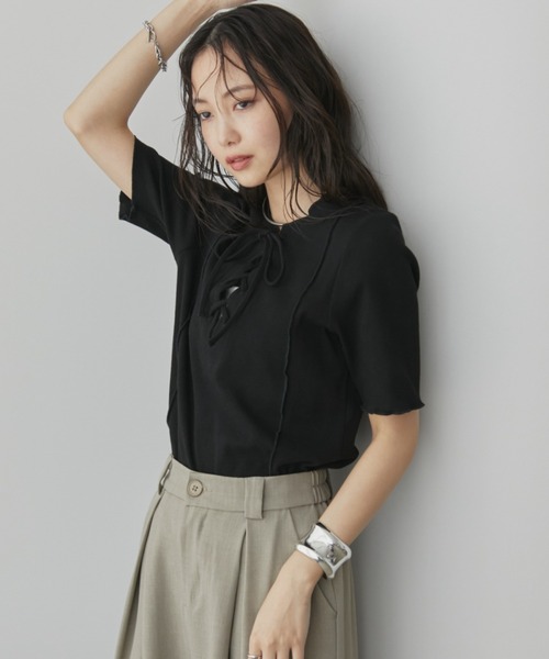 Aunt Marie's（アントマリーズ）の「2WAYレースアップハーフスリーブトップス（Tシャツ/カットソー・レディース・ブラック/ホワイト/ネイビー/ライトグリーン/ピンク・FREE）」の17枚目の写真