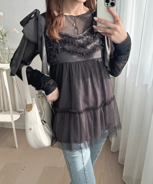 apres jour（アプレジュール）の「ギャザースリーブシアーインナー【ZOZOTOWN限定アイテム】（Tシャツ/カットソー・レディース・ブラック/アイボリー/ライトピンク・X-LARGE/フリー）」の13枚目の写真