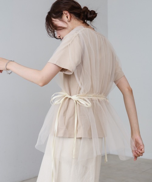 Bab（バブ）の「チュールドッキングギャザーカットソー（Tシャツ/カットソー・レディース・杢グレー/チャコールグレー/アイボリー/ベージュ・FREE）」の4枚目の写真