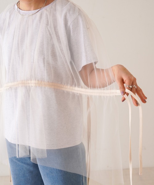 Bab（バブ）の「チュールドッキングギャザーカットソー（Tシャツ/カットソー・レディース・杢グレー/チャコールグレー/アイボリー/ベージュ・FREE）」の6枚目の写真