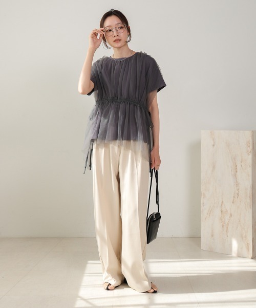 Bab（バブ）の「チュールドッキングギャザーカットソー（Tシャツ/カットソー・レディース・杢グレー/チャコールグレー/アイボリー/ベージュ・FREE）」の9枚目の写真