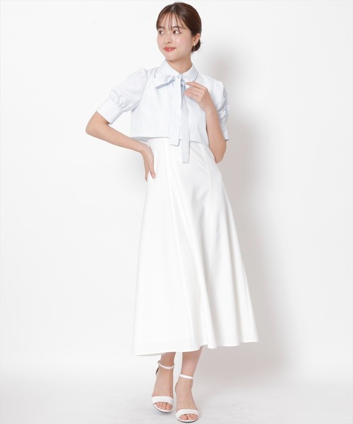 SWINGLE（スウィングル）の「五分袖ストライプボウタイシャツレイヤードワンピース（ワンピース・レディース・ブルー系その他5/ホワイト系その他6/パープル系その他5・FREE）」の3枚目の写真