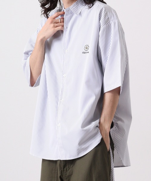 GIDEAL】ストライプシャツ(フラワー刺繍)
