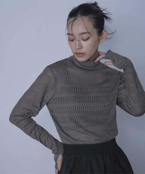 miette（ミエット）の「シアージャガードハイネックトップス（Tシャツ/カットソー・レディース・ピンク/チャコール・FREE）」の6枚目の写真