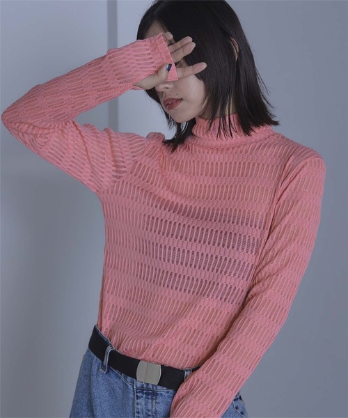 miette（ミエット）の「シアージャガードハイネックトップス（Tシャツ/カットソー・レディース・ピンク/チャコール・FREE）」の9枚目の写真