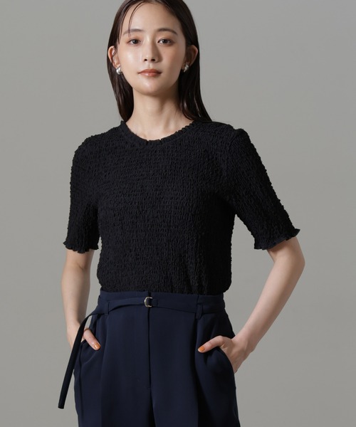 NANO universe（ナノユニバース）の「ファンシーシャーリングバックオープントップス(セットアップ可)（Tシャツ/カットソー・レディース・オフホワイト/ブラック・FREE）」の2枚目の写真