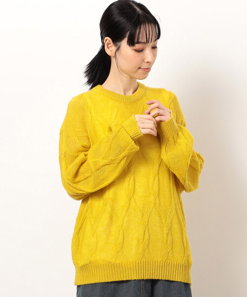 ONIGIRI（オニギリ）の「【セットアイテム】シアー ボリュームスリーブ ケーブルニット＋タンクトップ（ニット/セーター・レディース・ネイビー/オレンジ/ベージュ/イエロー/ブルー・FREE）」の4枚目の写真