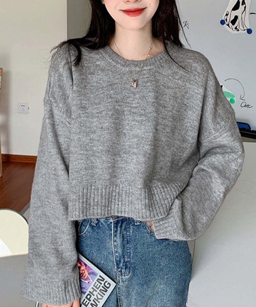 Girly Doll(ガーリードール)の「ボリュームスリーブクロップドニット(ニット/セーター・レディース・ブルー/ベージュ/ダークグレー/モカ/ライトグレー・FREE)」の2枚目の写真