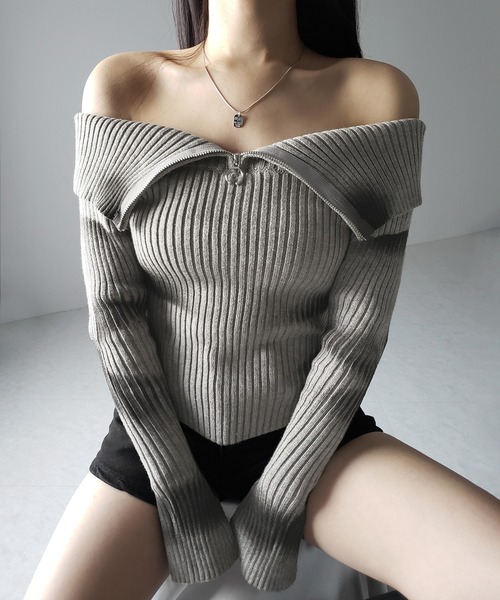 ニット セーター 「 ２color 」スプレー加工オフショルスリムリブニット ／ spray off shoulder slim lib knit セール】※※【 2color 】スプレー加工オフショルスリム