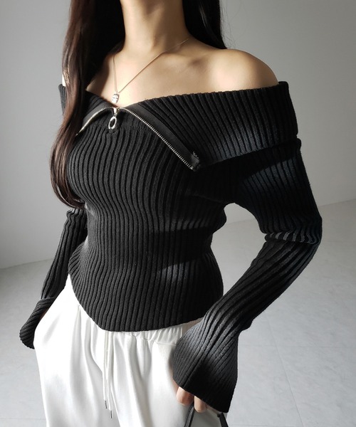 ニット セーター 「 ２color 」スプレー加工オフショルスリムリブニット ／ spray off shoulder slim lib knit セール】※※【 2color 】スプレー加工オフショルスリム