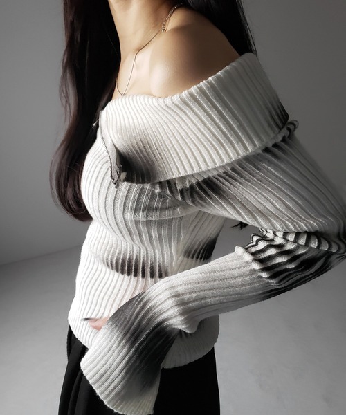 ニット セーター 「 ２color 」スプレー加工オフショルスリムリブニット ／ spray off shoulder slim lib knit セール】※※【 2color 】スプレー加工オフショルスリム