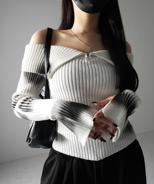 ニット セーター 「 ２color 」スプレー加工オフショルスリムリブニット ／ spray off shoulder slim lib knit セール】※※【 2color 】スプレー加工オフショルスリム
