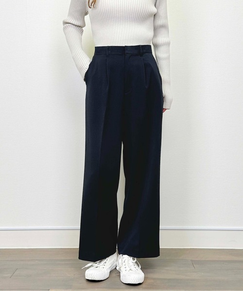 PICCIN(ピッチン)の「【セットアップ可能】ツイルストレッチワイドパンツ(スーツパンツ・レディース・ネイビー/グレー・M)」の1枚目の写真