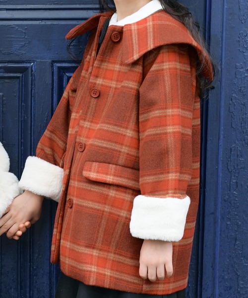 KP(ケーピー)の「ビッグカラーウールチェックコート(90~130)(ダウンジャケット/コート・キッズ・レッド/ブラウン・90cm/100cm/110cm/120cm/130cm)」の6枚目の写真