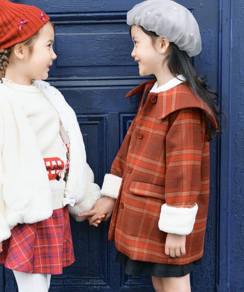 KP(ケーピー)の「ビッグカラーウールチェックコート(90~130)(ダウンジャケット/コート・キッズ・レッド/ブラウン・90cm/100cm/110cm/120cm/130cm)」の4枚目の写真