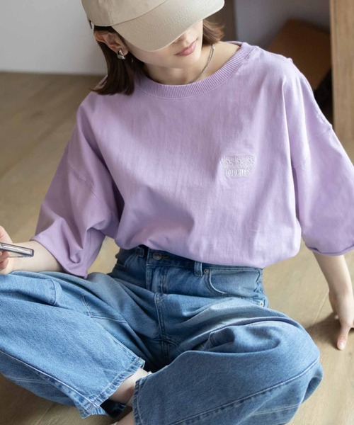 Dickies（ディッキーズ）の「Dickies 配色ステッチ５分丈袖Ｔシャツ（Tシャツ/カットソー・レディース・スミクロ/オートミール/ラベンダー・フリー）」の14枚目の写真