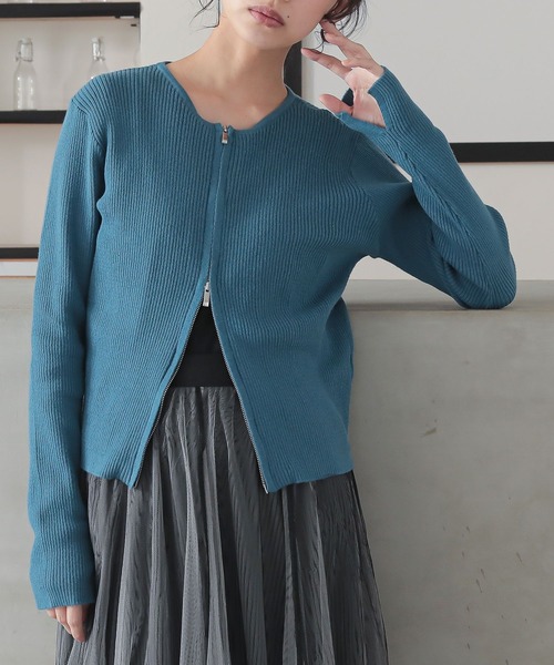 n'OrLABEL（ノアールレーベル）の「『綿ニットダブルジップリブカーディガン』（カーディガン/ボレロ・レディース・ブラック/ブルー/グレイッシュベージュ・2/1）」の21枚目の写真