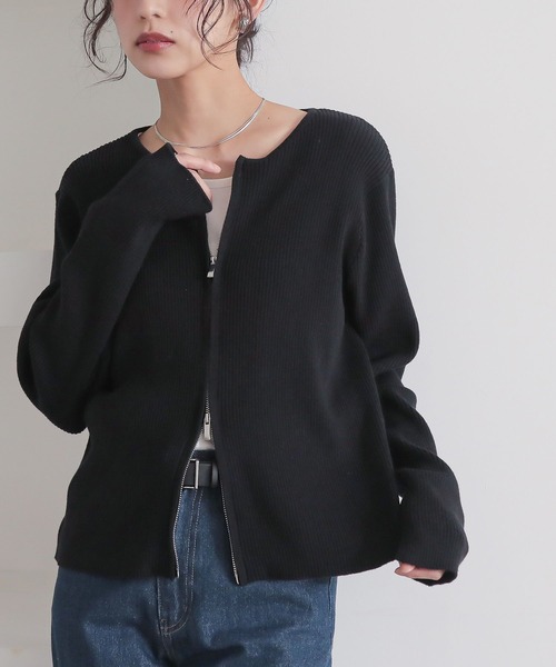 n'OrLABEL（ノアールレーベル）の「『綿ニットダブルジップリブカーディガン』（カーディガン/ボレロ・レディース・ブラック/ブルー/グレイッシュベージュ・2/1）」の13枚目の写真