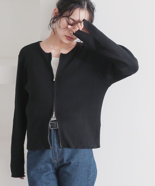 n'OrLABEL（ノアールレーベル）の「『綿ニットダブルジップリブカーディガン』（カーディガン/ボレロ・レディース・ブラック/ブルー/グレイッシュベージュ・2/1）」の12枚目の写真